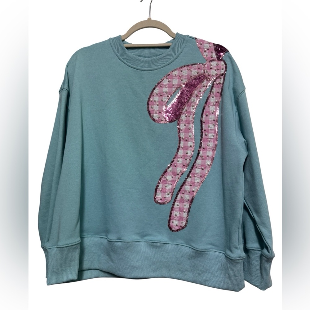 Brianna Cannon Teal Sweatshirt with Pink Sequin Bow - NWT Size Small